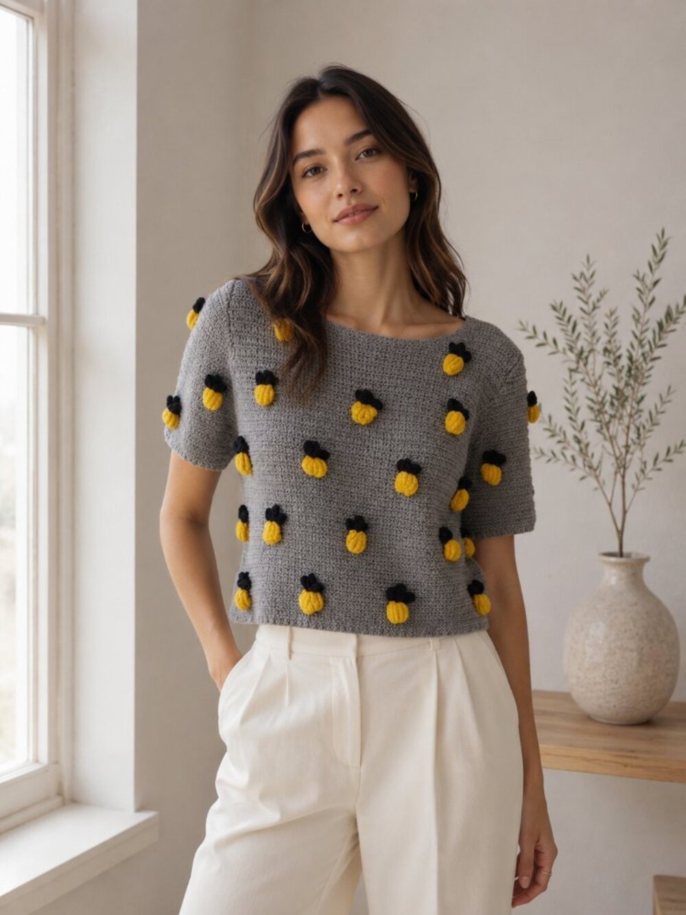 *Zara Gray Pineapple Pom Pom Cropped Knit Sweater Short Sleeve S 0574